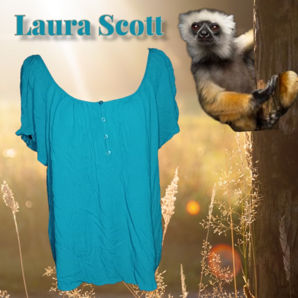 Laura Scott Turquoise Jewel Neck Flutter Sleeve Peasant Style   Blouse